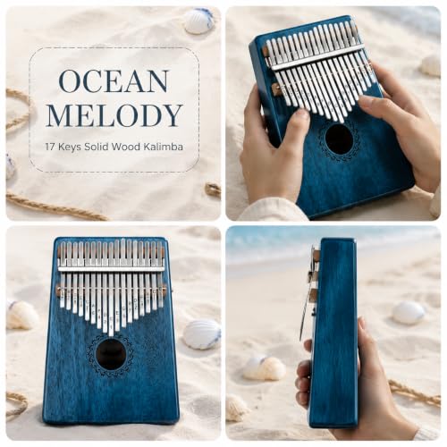 Image of Kalimba Thumb Piano 17 Keys with mahogany Wood Portable Mbira Finger Piano Gifts for Kids and piano Beginners Professional (Bright blue)
