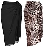 Ekouaer 2 Pieces Sarong Coverup for Women Long Bathing Suit Wrap Tie Bikini Sheer Bathing Sarong Dress Black&Leopard