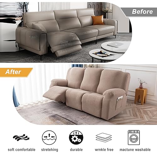 Image of Genina Recliner Cover Stretch Couch Covers, Sofa slipcover for Reclining Couch Thick Jacquard Furniture Protector Washable (Taupe, 3 Seat)