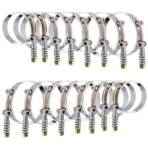16 Pack T-bolt Hose Clamps with Reinforcement Spring 4 Sizes Stainless Steel Turbo Intake Intercooler Constant Tension Radiator Pipe Clamp Working Range 50-91mm for 1.75-3' Hose ID for Automotive