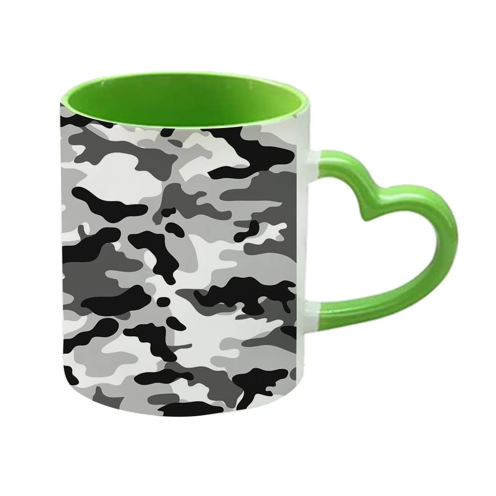 Giftme Grey Black and White Camo Camouflage Birthday,Secret Santa, Stocking Filler,Christmas Coffee Tea Mug Unique Heart Handle Ceramic Mug. (Green Heart Handle Mug)
