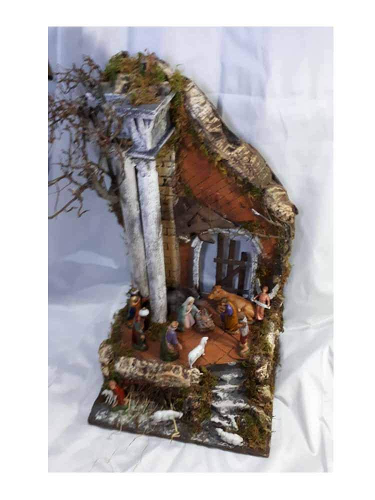 Presepe Completo Sughero e Legno Napoletano Tempio con 10 pastori 10 cm Crib 30x25 cm Alto 50cm conj pastori Terracotta statuine presepe ricevi Un Portachiavi S.G. ARMENO Artigianali nic 40