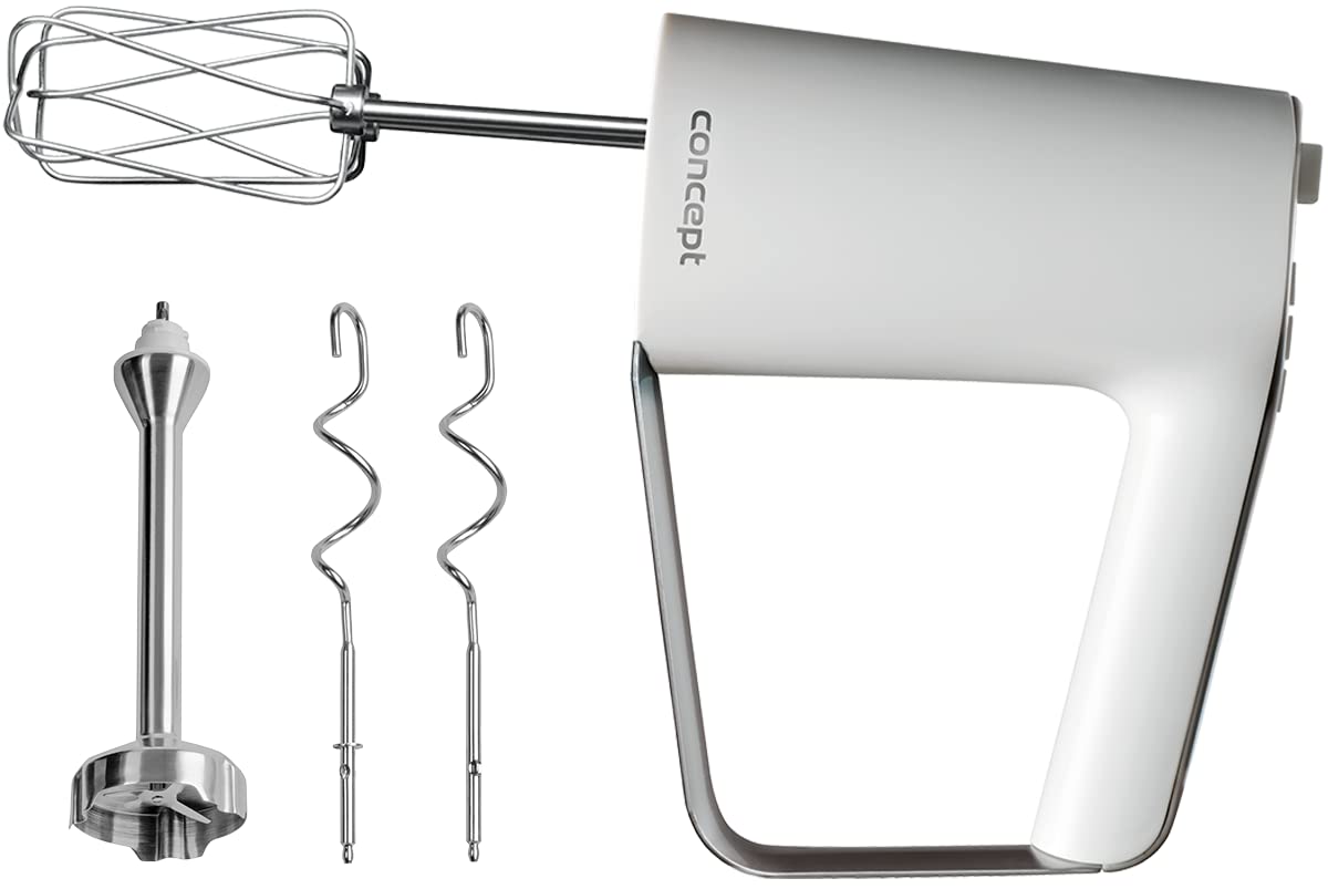 CONCEPT Hausgeräte SR3300 - Frullatore manuale da 500 W, con 2 ganci per impastare, 2 fruste, 5 velocità, design ergonomico, colore: Bianco