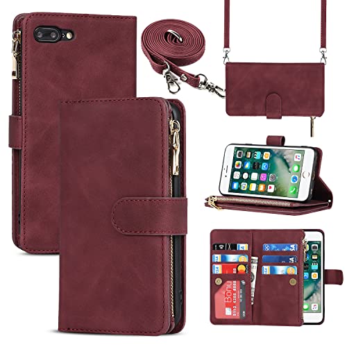 Cavor Cover Compatibile Con iPhone 7 Plus/8 Plus con Cordino,Flip Portafoglio Custodia pelle,[9 Porta Carte][Magnetico],Custodia Cover con Laccio Compatibile Con iPhone 7 Plus/8 Plus - Rosso