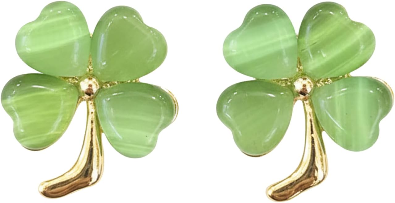 St Patricks Day Shamrock Earrings, Green Cat Eye Four Leaf Clover Studs, Lucky Gold-Plated Brass Jewelry Gifts for Women
