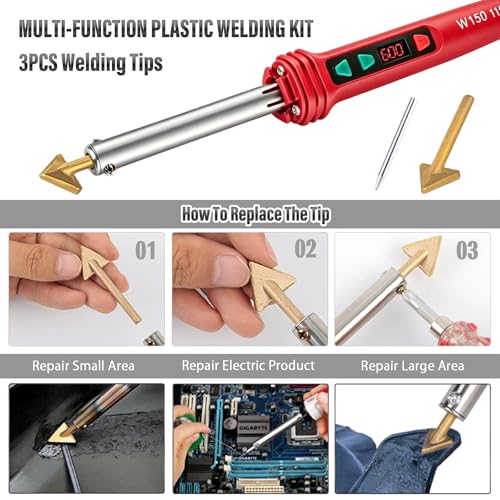 Image of 150W LED Digital Adjustable Temperature Plastic Welder, 3 IN 1 Welding Kit with 70PCS Rods, 3 Tips Welder Soldering Iron Kit, Plastic Repair Kit for Car Bumper /Kayaks,etc (Red)