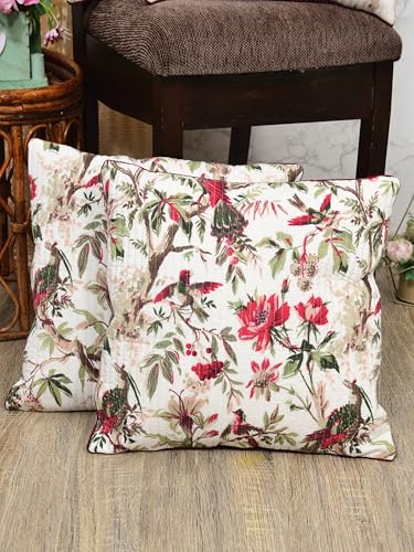 Image of Jaipur Weaves Cushion Cover 16 inch x 16 inch - Pure Cotton, Decorative Soft Floral Cushions for Sofa /Bed /Chair, Gift for Home Decor (5, Red Bird)