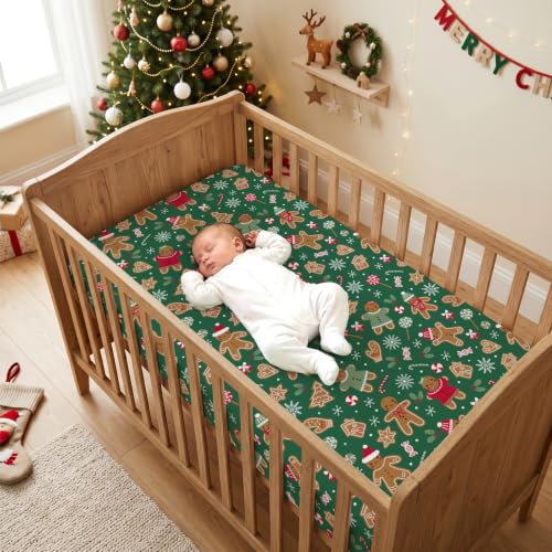 Image of JISEN Christmas Fitted Crib Sheets for Boys Girls 52x28 Inch Gingerbread