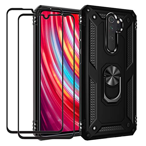 HAOYE Funda para Xiaomi Redmi Note 8 Pro y [2 Pack] Cristal Templado, Anillo de 360 Grados de Metal [Soporte de Coche Magnético Compatible], Hard PC y Silicona TPU Shock Carcasa. Negro
