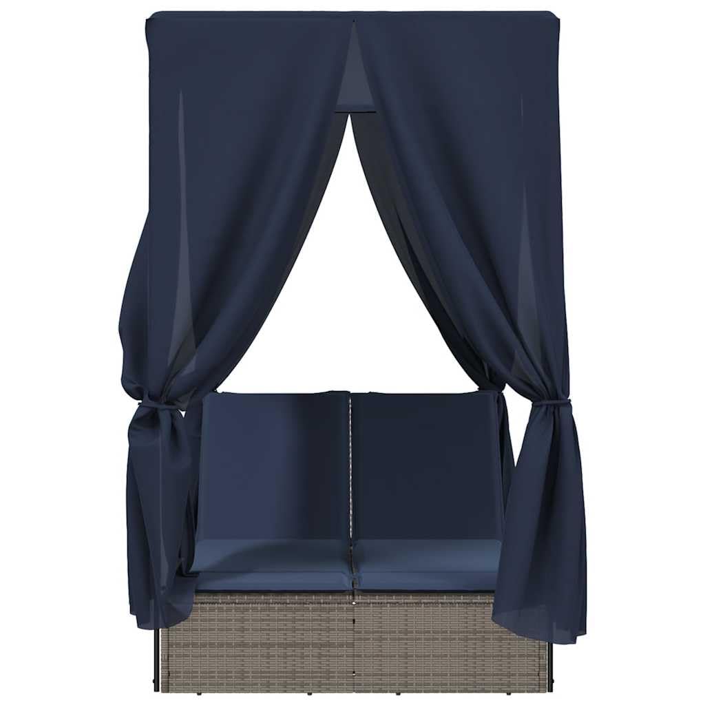 Chaise longue de jardin double avec toit et rideaux en polyrotin gris, dossier réglable, résistant aux intempéries, avec rembourrage et coussin, idéal pour terrasse, balcon, piscine, chaise
