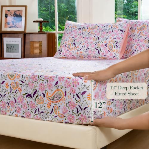 Image of FADFAY Twin XL Sheets Set 4 Piece Pink Paisley College Bedding 100% Egyptian Cotton Dorm Room Bedding, Soft Cooling Breathable Dorm Sheets Extra Long with Deep Pocket Luxury Hotel Quality All Seasons