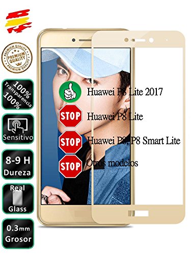 Movilrey Protector para Huawei P8 Lite 2017 Dorado Completo 3D Cristal Templado de Pantalla Vidrio Curvo para movil
