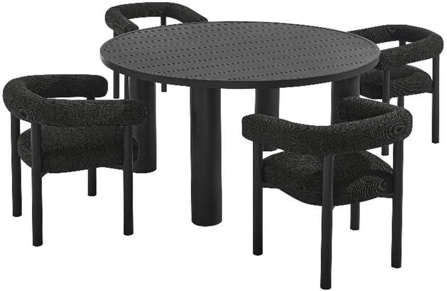 Modway Nautica 5-Piece Outdoor Round Dining Set in Charcoal Graphite – Aluminum Patio Table and Chairs for 4 – Deck Table and Chairs - Small Outdoor Dining Set with Upholstered Curved Back Armchairs