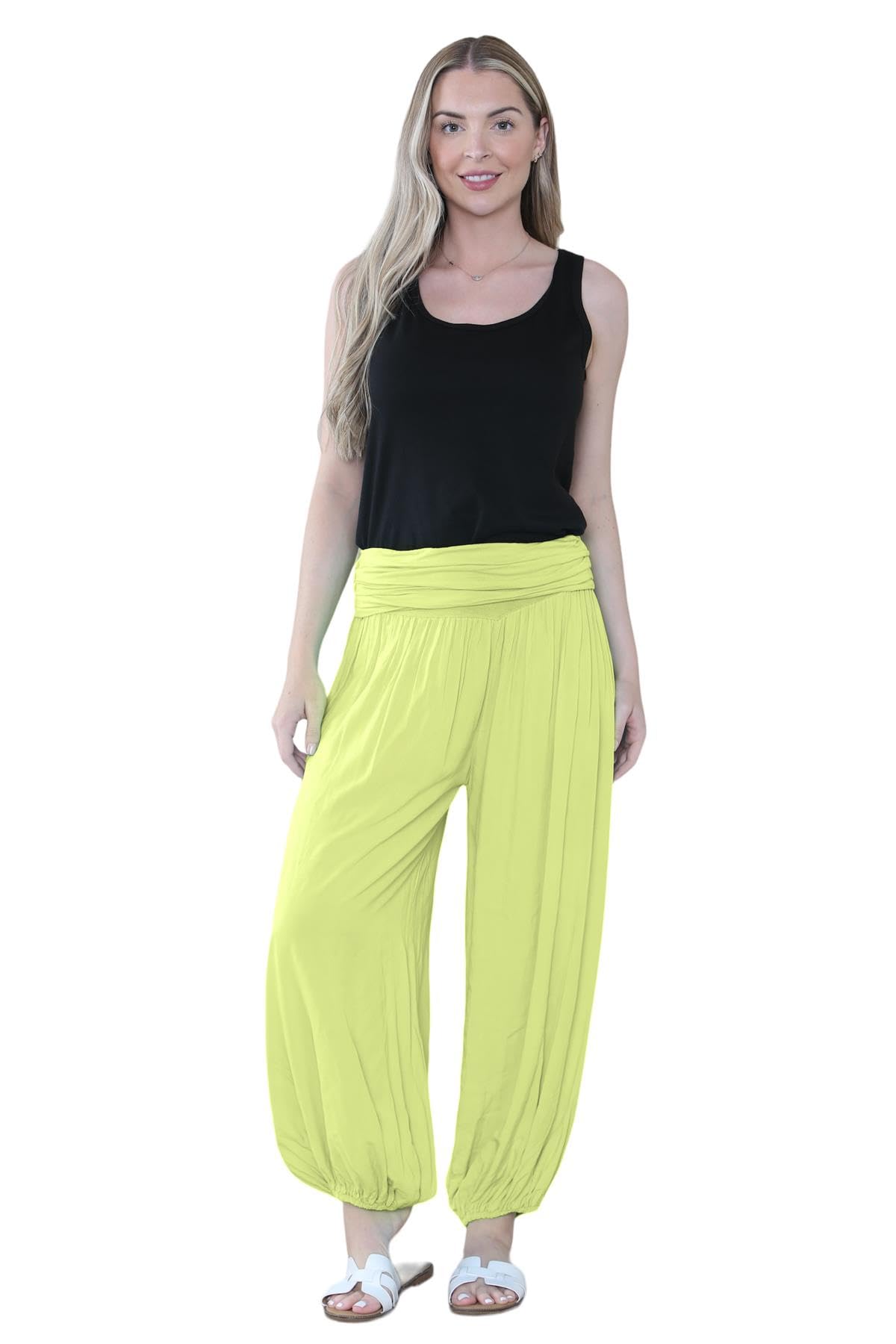 Pantaloni harem larghi da donna italiani Alibaba, comodi ed eleganti, vestibilità larga, pantaloni harem da donna UK | Pantaloni estivi perfetti per le donne UK, Giallo, Taglia unica