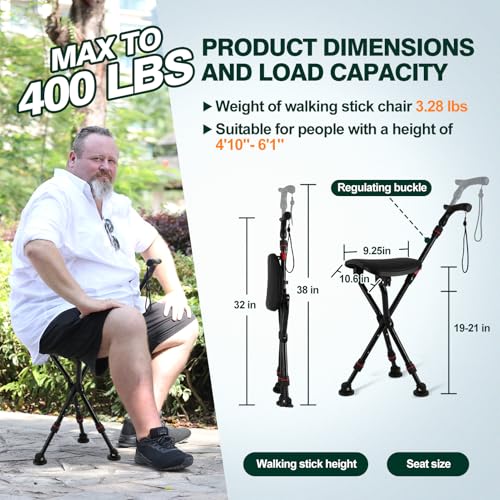 Image of Walking Cane with Seat Holding 400 lbs - Heavy-Duty Folding Cane Chair with Upgraded Detachable 3 Legs, ABC Markings, Adjustable 19 inch-22 inch Seat Height, Large Comfort Seat for Seniors