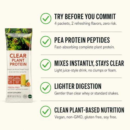 Image of PlantFusion Clear Protein Powder Sample Pack - Vegan Pea Protein Peptides Drink Mix to-Go - 12g Protein, Low Calorie, Zero Sugar, Gluten Free (4 Packets - 2 Tropical Punch + 2 Pineapple Coconut)