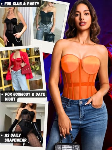Image of Kaei&Shi Sheer Mesh Overbust Corset,Sexy Strapless Lace Up Satin Bra Corsets Top For Women Shapewear