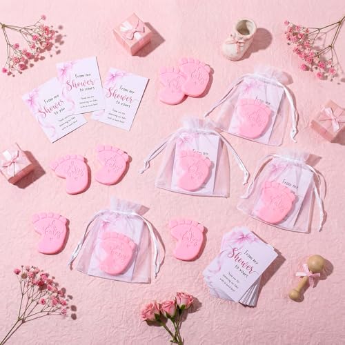 Image of 50 Sets Baby Shower Soap Favors for Guests - Mini Handmade Footprint Scented Soap with Thank You Cards and Organza Bag, Party Gifts for Gender Reveal Baptism (Bow,Pink)