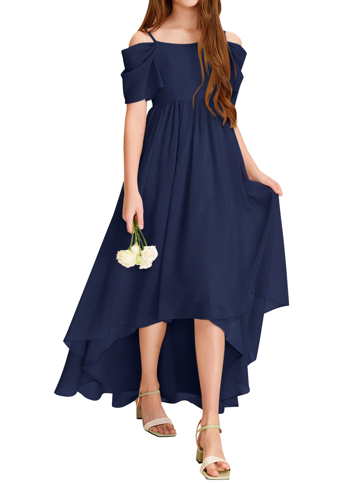 Haloumoning Robe d'été pour fille, épaules dénudées, volants, ligne A, couleur unie, élégante, robe de fête, mariage, anniversaire