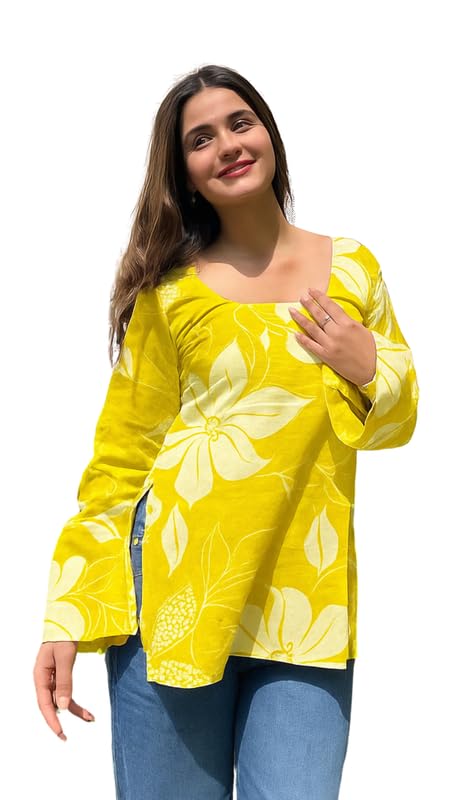 Rayon Floral Print Short Kurti for Women | Square Neck Long Sleeve Top for Women | Soft Breathable Fabric | Relaxed Fit | Casual and Office Wear-picture-44