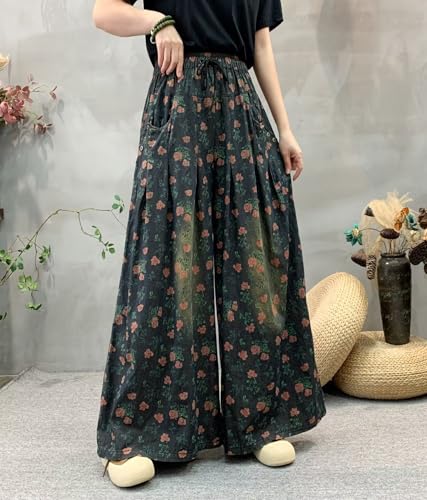 chouyatou Women's Floral Wide Leg Denim Pants Adjustable Drawstring Baggy Elastic Waist Culotte Jeans3