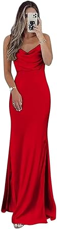 Cowl Neck Satin Dresses Long Mermaid Prom Dress for Women Formal Evening Gown with Slit