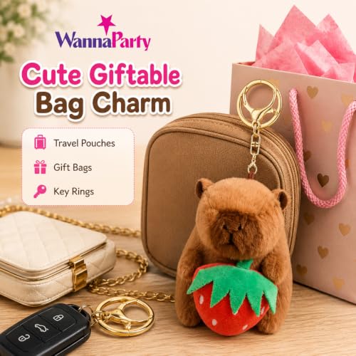 Image of Wanna Party Cute Capybara Plush Keychain with Strawberry, Soft Stuffed Toy Bag Charm with Metal Key Ring