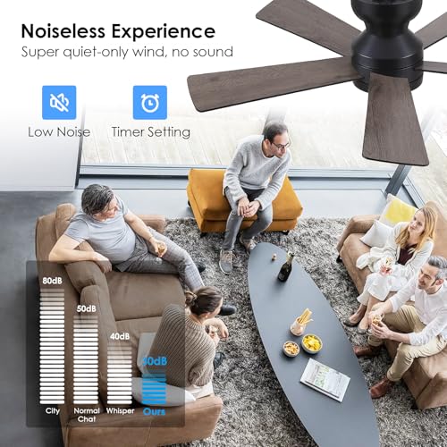 Black Ceiling Fans with Lights - 46" Flush Mount Ceiling Fan with Remote and 5 Reversible Blades, 3CCT Dimmable, 6 Wind Speeds&2H Timer, Indoor Low Profile Fan Light Fixture for Modern Bedroom - Image 5