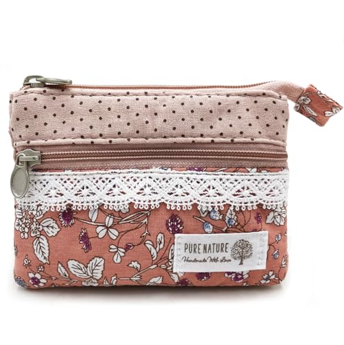 Image of Women Small Zipper Coin Purse, Handmade Fabric Flower Embroidered Change Pouch, Cotton Double Zipper Wallet