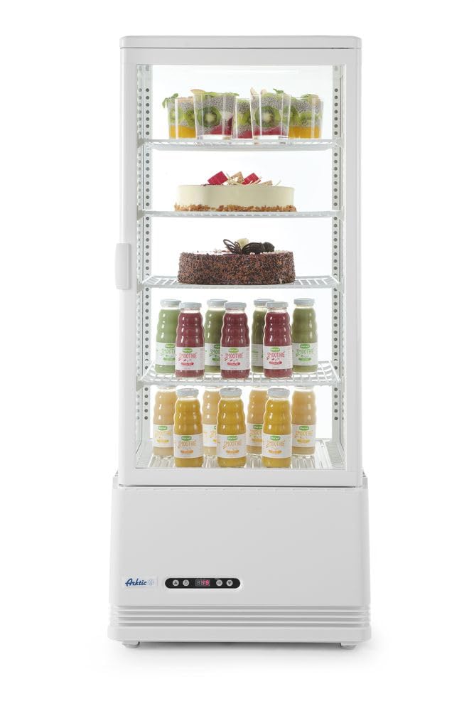 HENDI Vitrina expositora refrigerada, descongelación automática, sistema antivaho, 4 estantes, iluminaciónED, etiqueta energética C, 98L, 230V, 210W, 452x406x(H)1116mm, Blanco, ABS, doble cristal