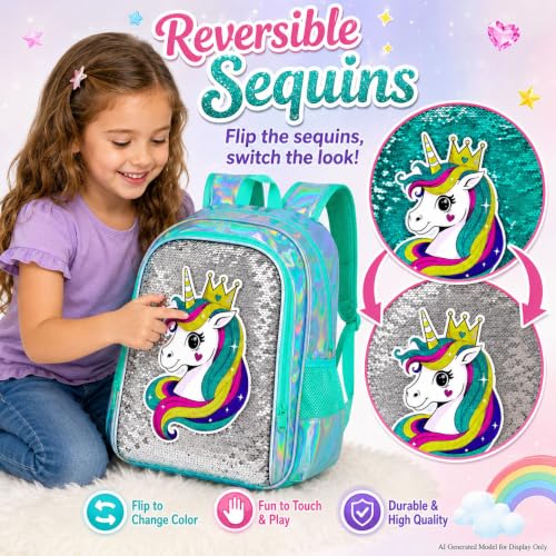 Image of CCJPX 16 inch Unicorn Backpack for Girls, 3Pcs Kids Sequin Bookbag with Lunch Box, Water Resistant Elementary School Bag for Kindergarten Preschool Toddler (Green)