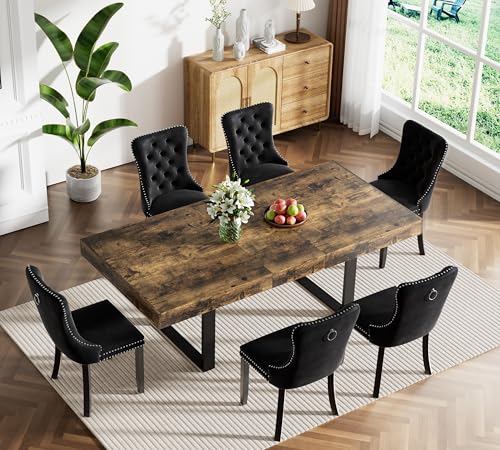 Image of Rustic Brown Dining Room Table Set for 6, 7-Piece 63 inch-78.74 inch Extendable Dining Table Set with 6 Upholstered Chairs, Rectangle Wooden Expanding Kitchen Table and Black Chairs Set