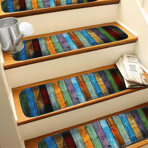 Generisch Stufenmatte treppenstufenmatten modern, Bunt Holzbrettmuster Teppich treppenstufen, rutschfest treppenteppich selbstklebend für Kinder, Älteste, Haustiere, 22X70cm(5PCS)