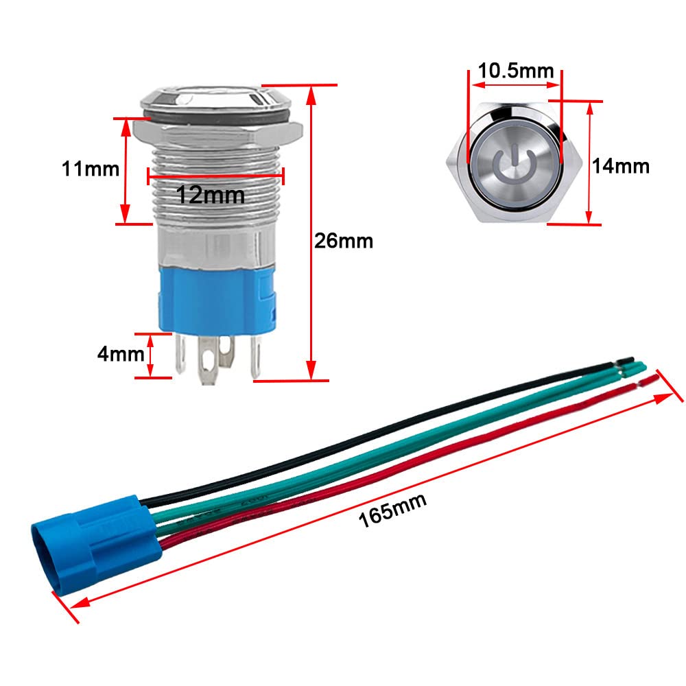 2 sztuki, 12 mm, samoblokujący się przełącznik przyciskowy, 12 V / 24 V 3 A, wodoodporny przełącznik przyciskowy ze stali nierdzewnej, IP66, z okablowanym gniazdem (czerwona dioda LED)