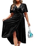 BerryGo Women's Plus Size Velvet Holiday Wrap Dress Winter Wedding Guest semi Formal Cocktail Maxi Dress Black 1XL