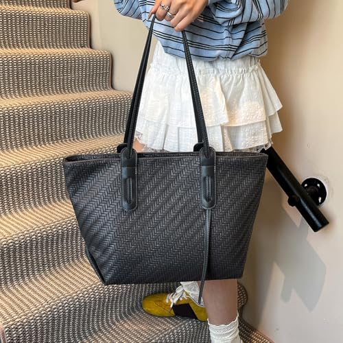 Women's Woven Tote Bag - PU Leather Handbag And Shoulder Bag, Retro Solid Color Design, Medium And Large Capacity Suitable Fo3