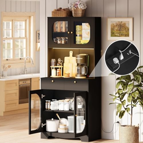 Image of 72 inch Black Kitchen Pantry Cabinet with Lights and Charging Station, Tall Hutch Storage Cabinet Coffee Bar Cabinet with Microwave Shelf for Dining Room