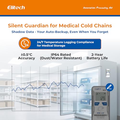 Image of Elitech Bluetooth Temperature Data Logger FDA Standards, with External Probe Shadow Data 32000 Points, Auto PDF /CSV Report, for Windows /MacOS, Refrigerator Thermometer LogEt5B-TE, Blue