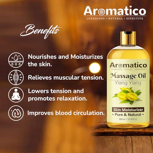 Image of AROMATICO Ylang Ylang Massage Oil. Sunny, Sensual, Floral Fantasy for Date Nights - 300ml. Intimate, Romantic & Arousing Massage Oil for Couples. Non-sticky, 100% Pure & Natural