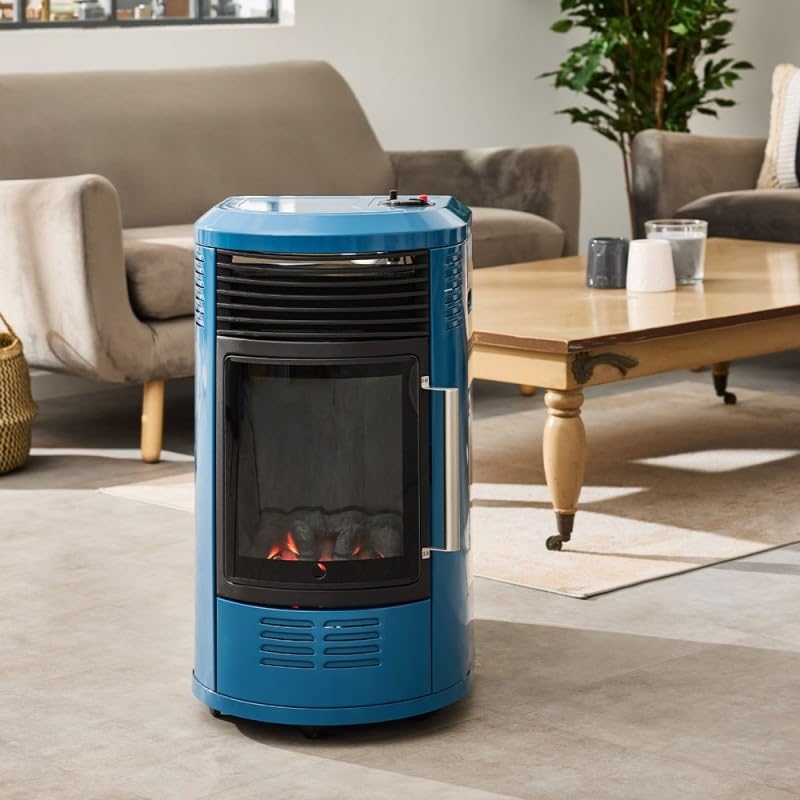 FAVEX - Chauffage d'appoint à gaz Volga Bleu émaillé - Prêt à l'emploi livré avec tuyau et détendeur - Infrableu effet feu de cheminée - 6 puissances de chauffe Thermostat - Jusqu'à 40 m²