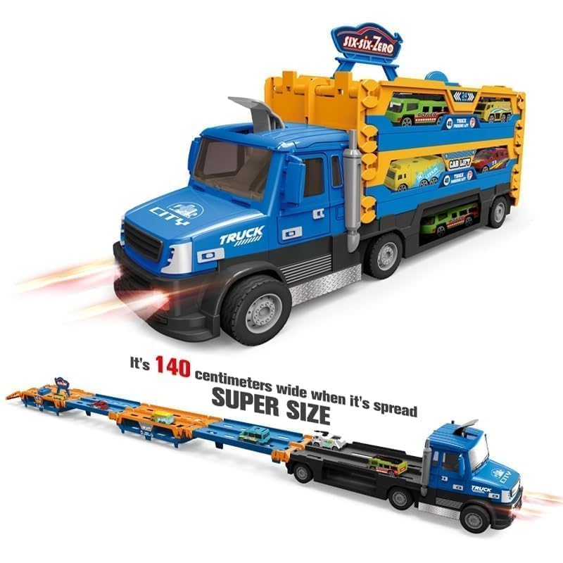 Image of Big Hauler Storage & Deform Truck Toy with 55 inch 2 Ejection Race Track & 6 Cars- Catapult Truck with LED Light & Music for Kids (Blue & Yellow)