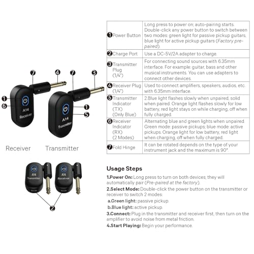Sistema inalámbrico para guitarra 2.4G, transmisor y receptor recargable portátil con conector giratorio de 90 grados Plug and Play para guitarra eléctrica/acústica, bajo y violines miniatura 7