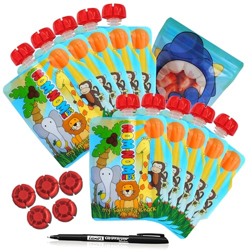 Nom Nom Kids – 10 x 140ml Animal Design Side Fill Pouches,