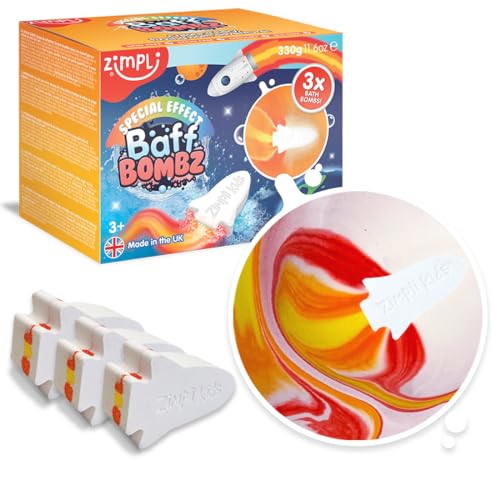 Zimpli Kids 3 Bombas Baño Grandes para Niños con Efecto Efervescente de Cohete, Bombas de Baño Infantiles, Set Bombas para Baño Hechas a Mano Especial para Regalo, Vegano y No Testado en Animales