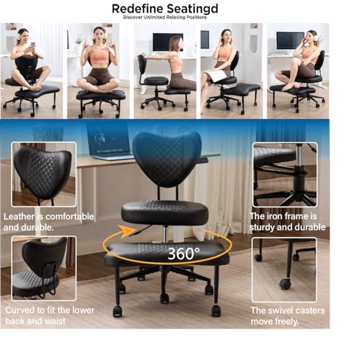 Image of Ergonomic Cross Legged Office Chair with Wheels, ADHD Chair for Adults, Meditation Chair, Yoga Office Chair, Comfortable Back Support, Height Adjustable,Small Spaces,PU Leather-Black-1