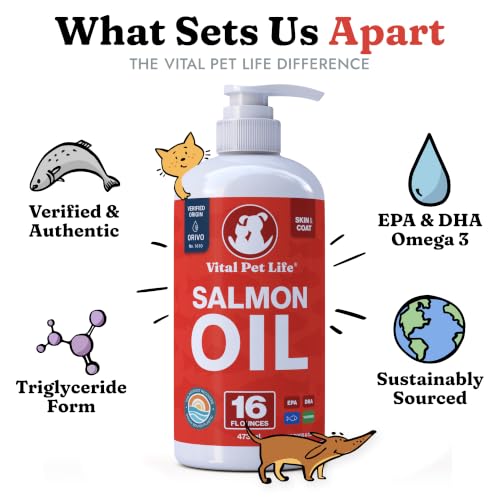 Salmon Oil for Dogs & Cats - Healthy Skin & Coat, Soft Shiny Glossy Coat, Fish Oil Omega 3 EPA DHA, Immune System & Heart Function Support, Normal Shedding, Liquid Supplement for Pets, 16 oz | Soft Shiny Glossy Coat, EPA DHA, Immune System & Heart Function Support, Normal Shedding, Supplement for Pets