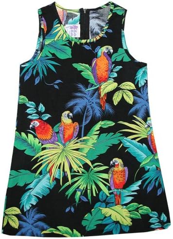 Jungle Parrots Girl's Sleeveless Hawaiian Aloha Dress in Black, Size 12