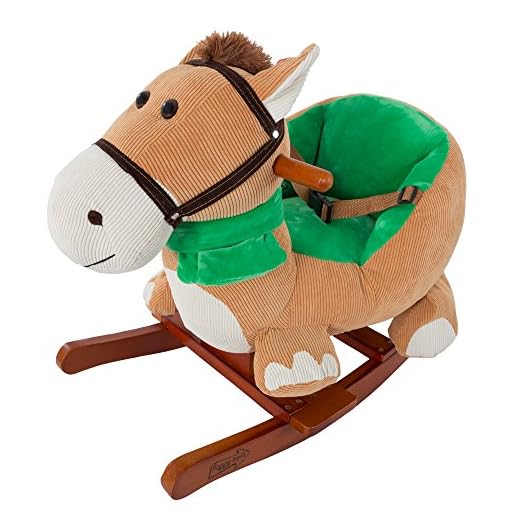 Rocking Horse Plush Animal on Wooden Rockers with Seat & Seat Belt and Sounds, Ride on Toy for Babies 1-3 Years, by Happy Trails - Brown
