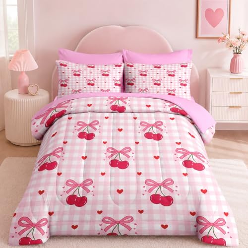Image of Nesker Bow Comforter Set Twin Size, 5 Pieces Bed in a Bag, Pink Bow Bedding Set for Girls, Gingham Cherry Coquette Comforter Set with 1 Pillowcase & 1 Sham