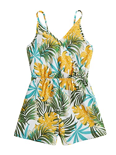 Shenhe Girl's Tropical Print Spaghetti Strap Sleeveless High Waist Wrap Romper Jumpsuits Multicolor 10Y #TOP10